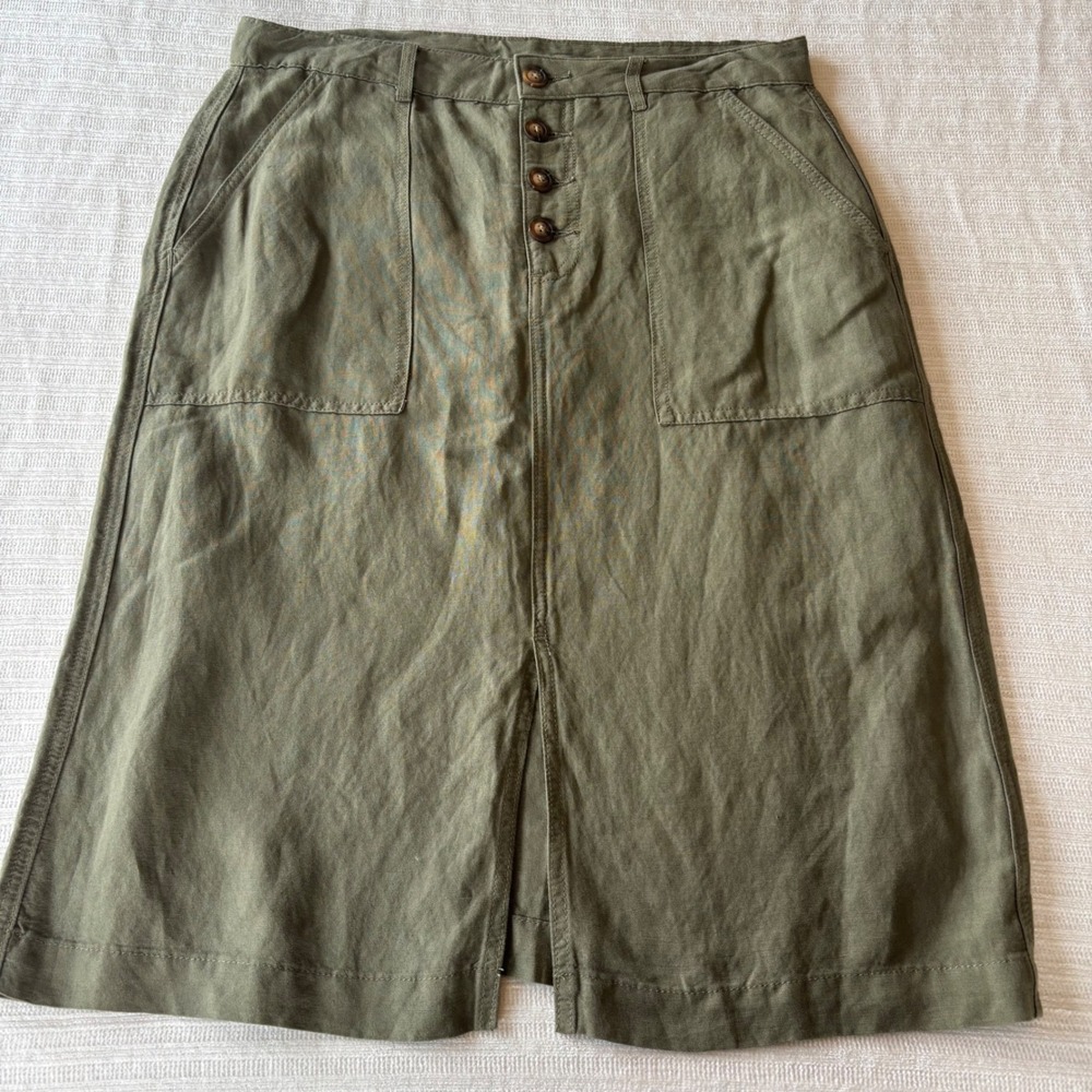 Tribal Jeans Olive Green Linen Blend Button Front Midi Skirt 7381O-4525 Size 8‎